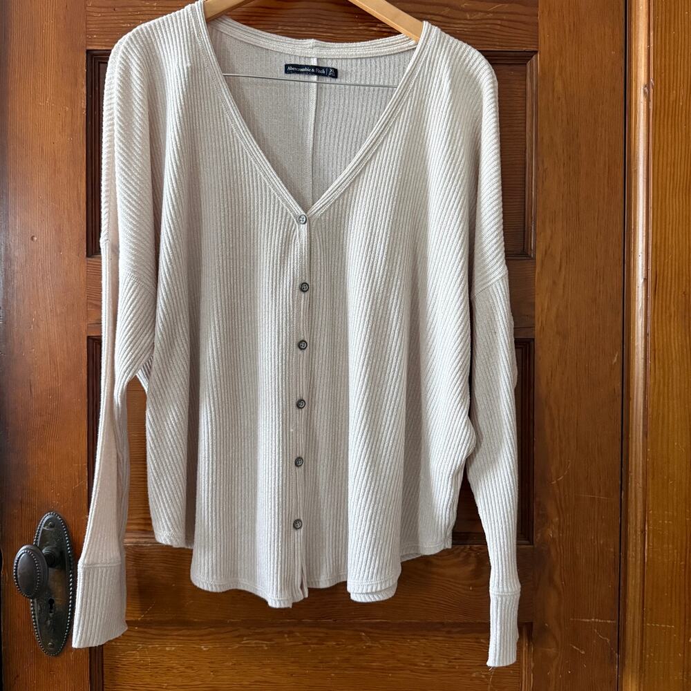Abercrombie & Fitch Ribbed V-Neck Cardigan Sweater XL Oatmeal Heather Oversized - Picture 2 of 10